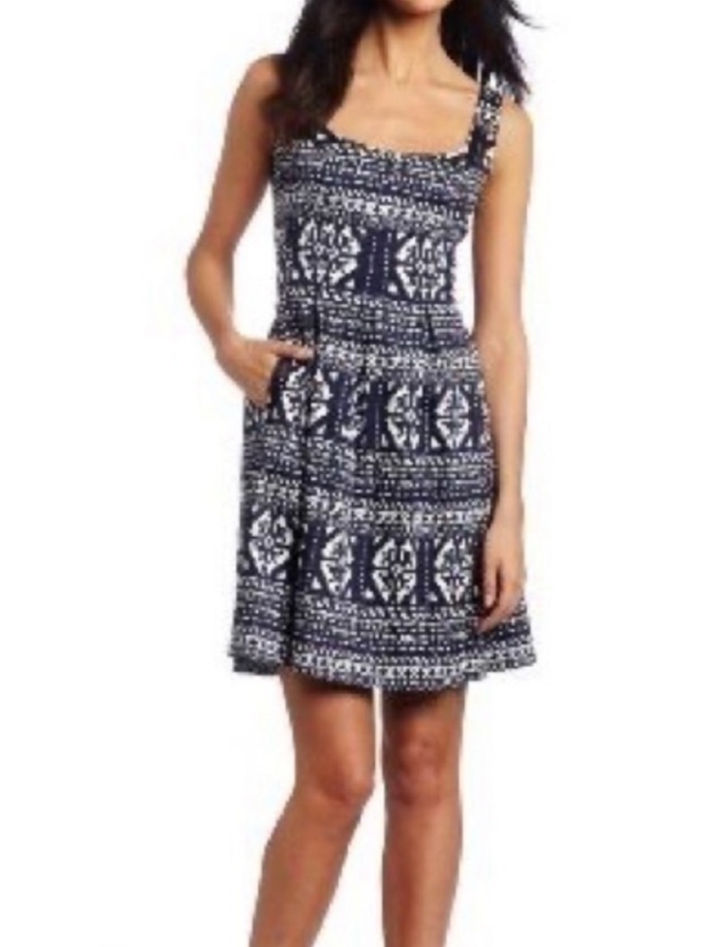 Nine West Navy & White Tribal Aztec Print Fit-and-Flare Dress Size 2